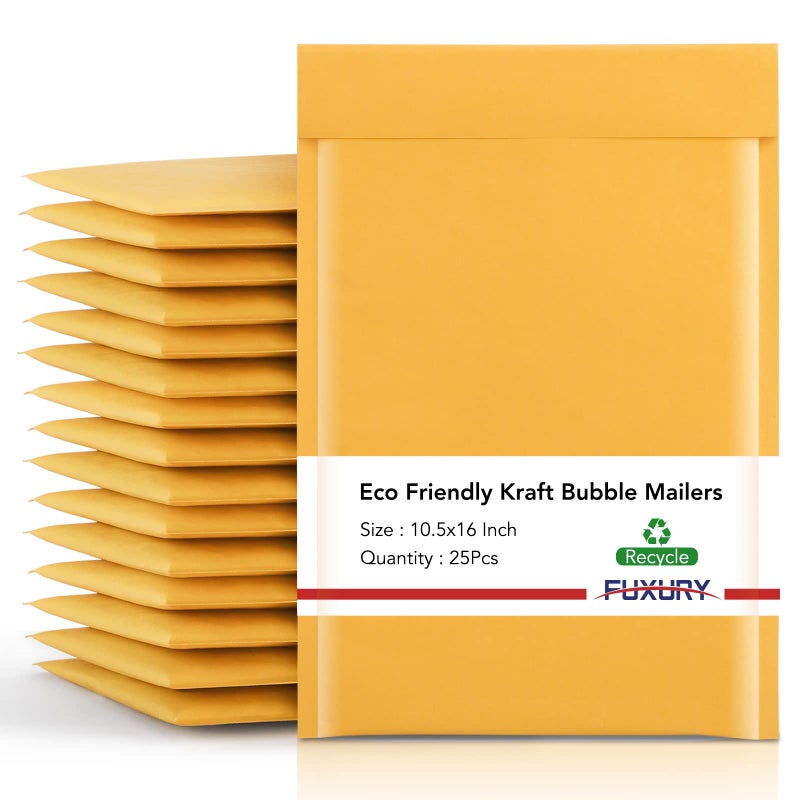Fuxury Kraft Bubble Mailer 10.5X16 Inch 25 Pack Strong Adhesion Padded Envelopes Self Seal Bubble Envelopes  Waterproof Cushioned Bubble Mailers Packaging for Small Business #5 Bulk Yellow - Image 1
